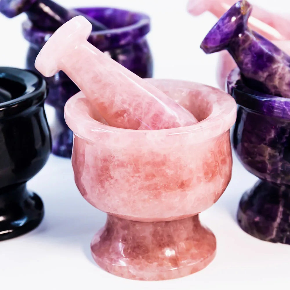 Wholesale Model Natural Healing Hand Carved Engraved Rose Quartz Mortar Pestle Crystal Folk Art for Home & Wedding Decoration