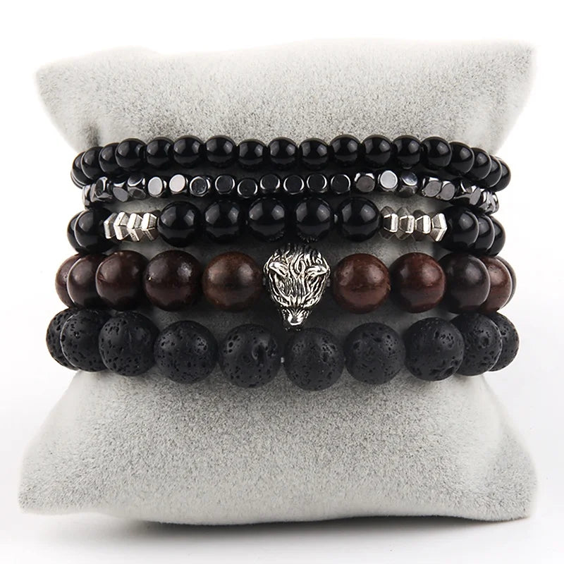 Fashion Women Jewelry lava Natural Stone Dragon Wolf Head Wood Bead Square Hematite Bracelet 5pc Stack Men Bracelets Set