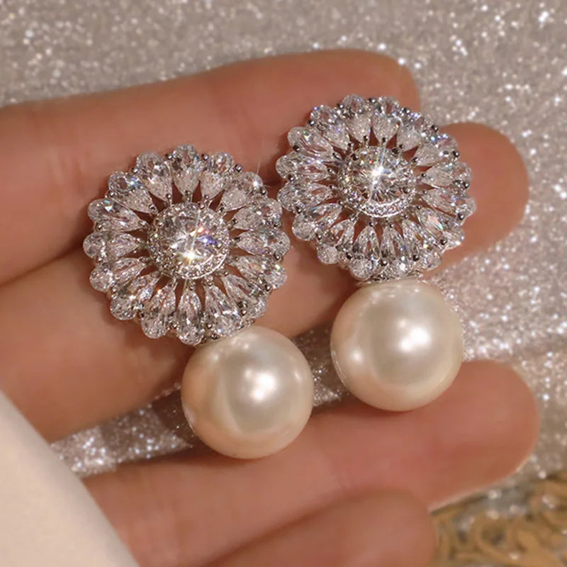 Fancy Nice Jewelry Brinco Sky Wheel Shiny Zircon Earring Non Fade Freshwater Pearls Earrings Wholesale