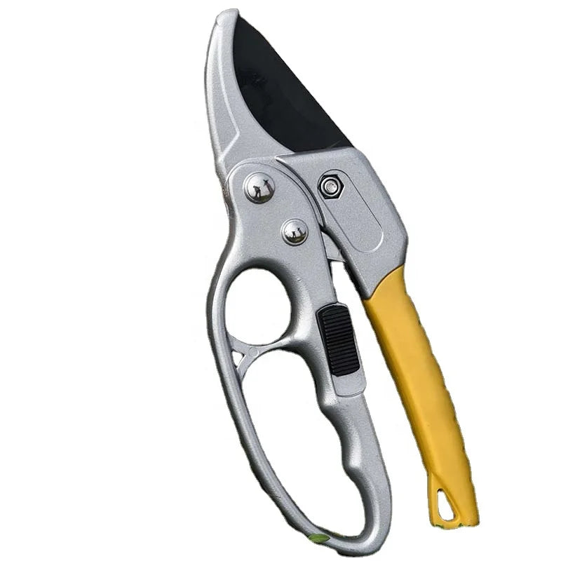 Hot Selling High Carbon Steel SK5 Blade Ratchet Pruning Shear Smooth Edge Garden Secateur Tree Cutter Safety Lock Metal Handle