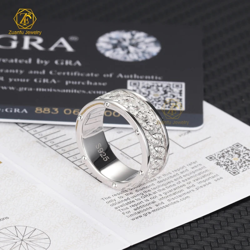 Luxury Sterling Silver S925 Fine Jewelry Hip Hop Ring 8mm Wide VVS Moissanite Iced Out Men Eternity Band Ring