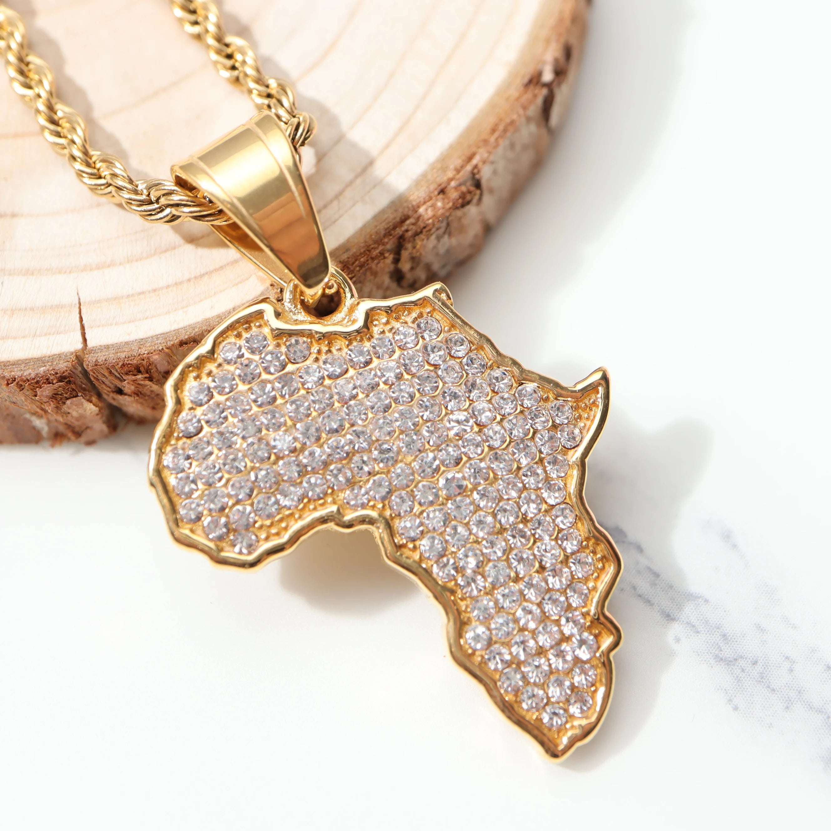 Africa Map Iced Out Chain Rhinestone Crystal Gold Pendant & Necklace Africa Map Pendant Necklace for Men/Women Fashion Jewelry