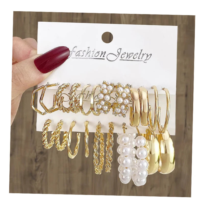 Fashion Pearl Gold Color Hoop Earring Set for Women Jewelry