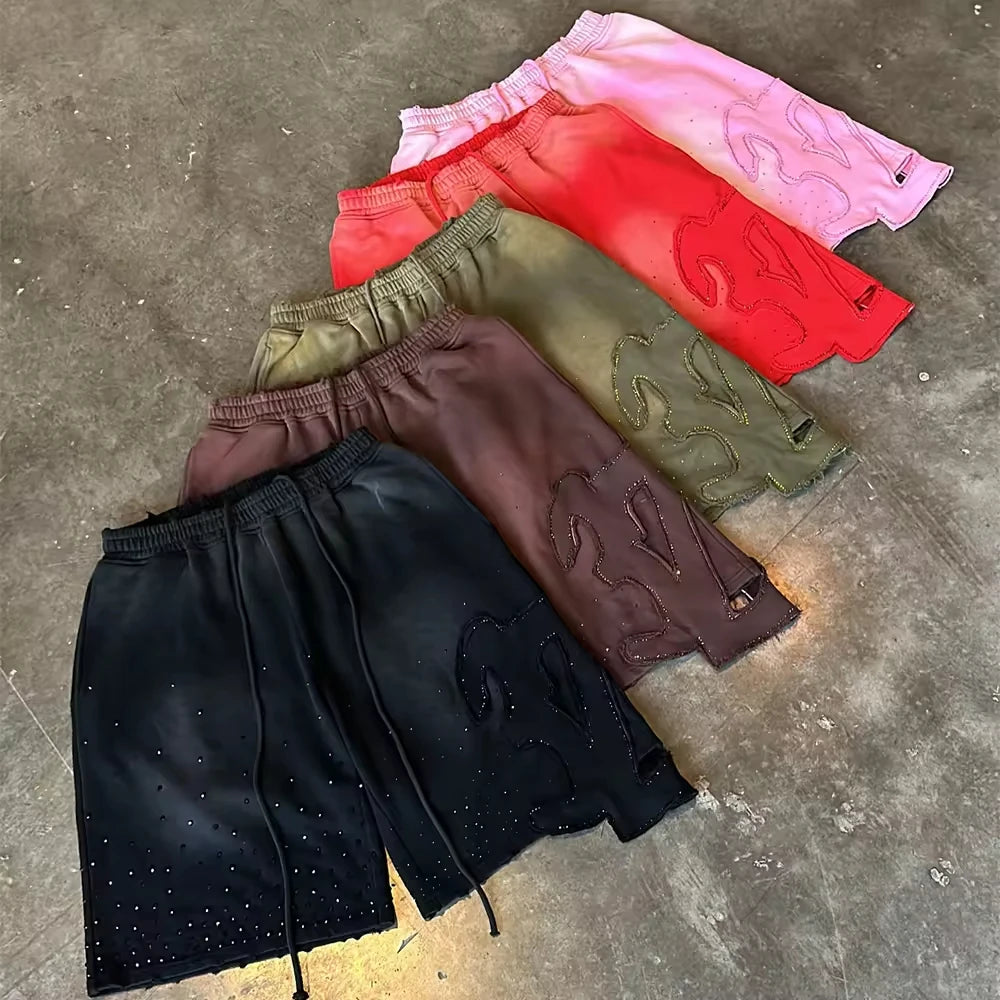 Vintage French Terry Shorts 100% Heavyweight Cotton Patchwork Acid Wash with Embroidered Rhinestones OEM Service Available