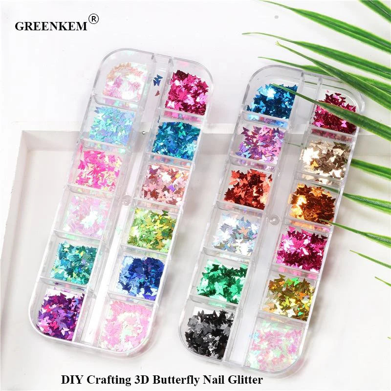 GREENKEM 2021 Newest Hot Nail Art Decoration & DIY Crafting 3D Holographic Nail Art Glitters Butterfly Nail Glitter
