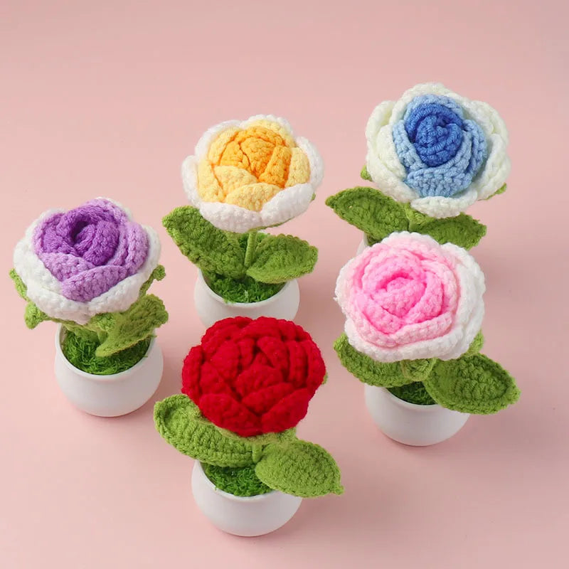 Popular Colorful Crochet Rose Potted Plant with White Brown Flowerpot Wholesale Artificial Woolen Knitted Flower Ornament