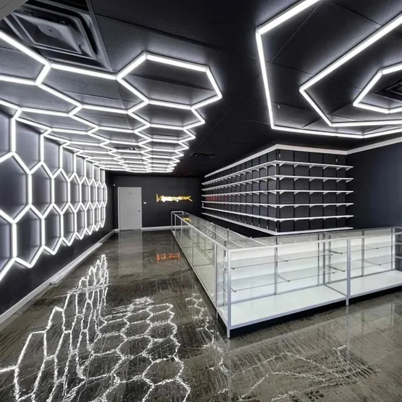 Customized 6000K Suspended Hexagonal Garage Honeycomb Nightclub Ceiling Led Light Car Detailing Studio Lights