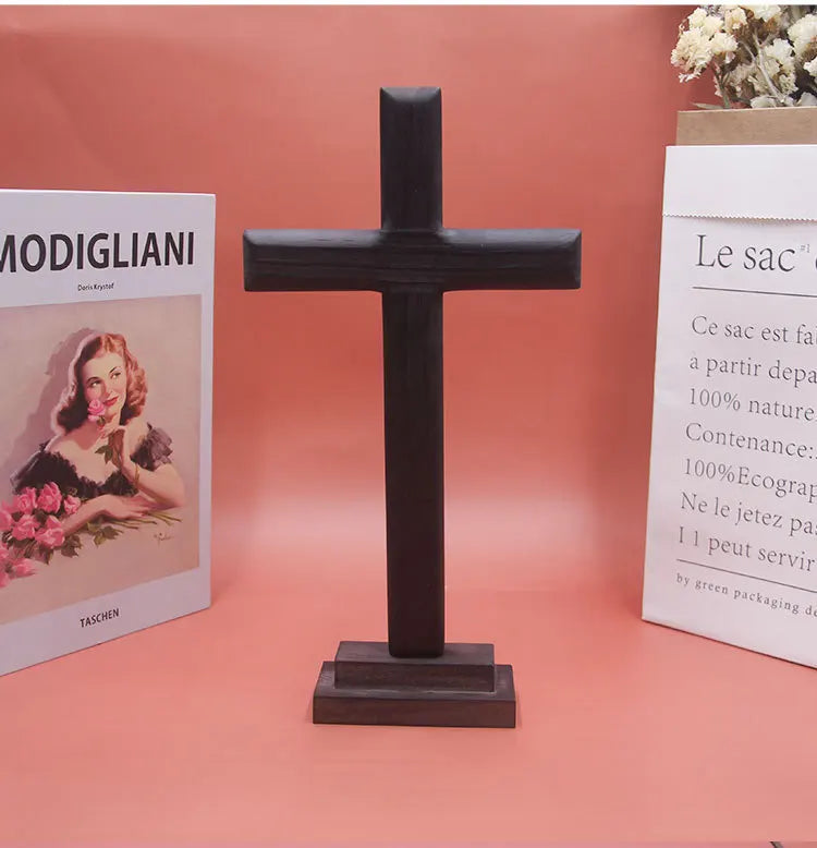 2-IN-1 Personalized Logo Christian 31cm Wood Wall Cross Catholic Hanging Stand Black Wooden Wall Cross with Engraving