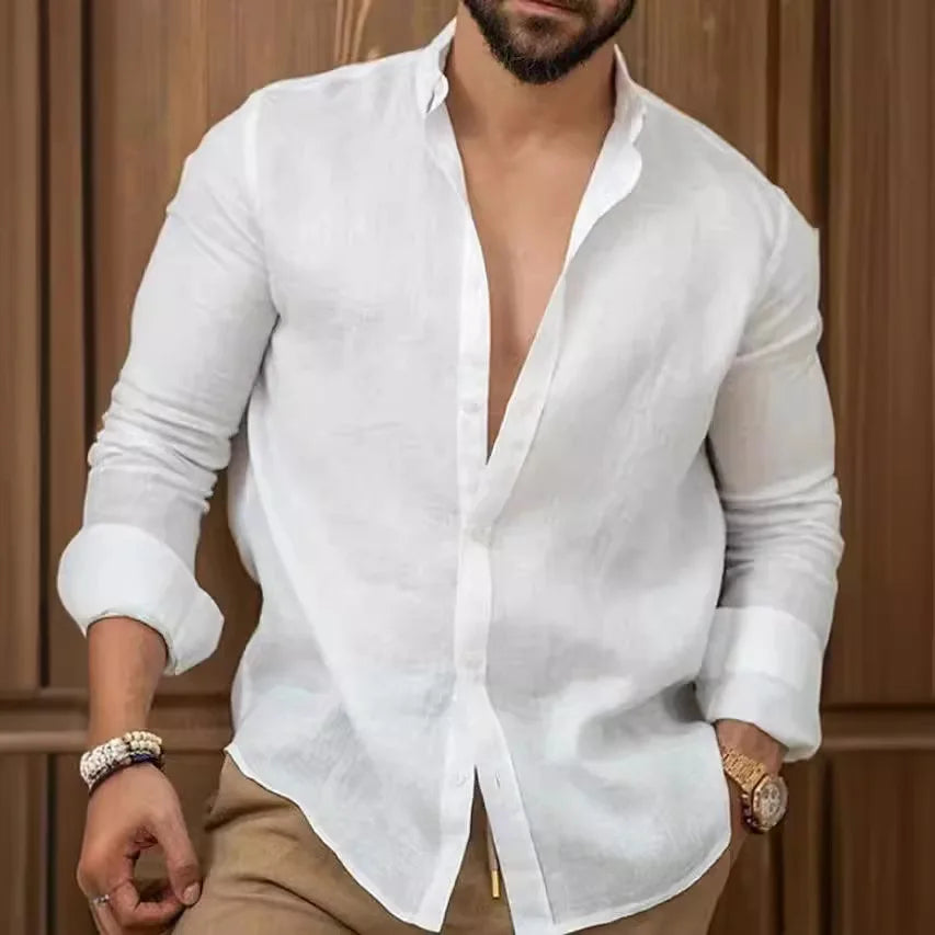 2025 European and American Cotton Solid Color Men's Shirt Youth Casual