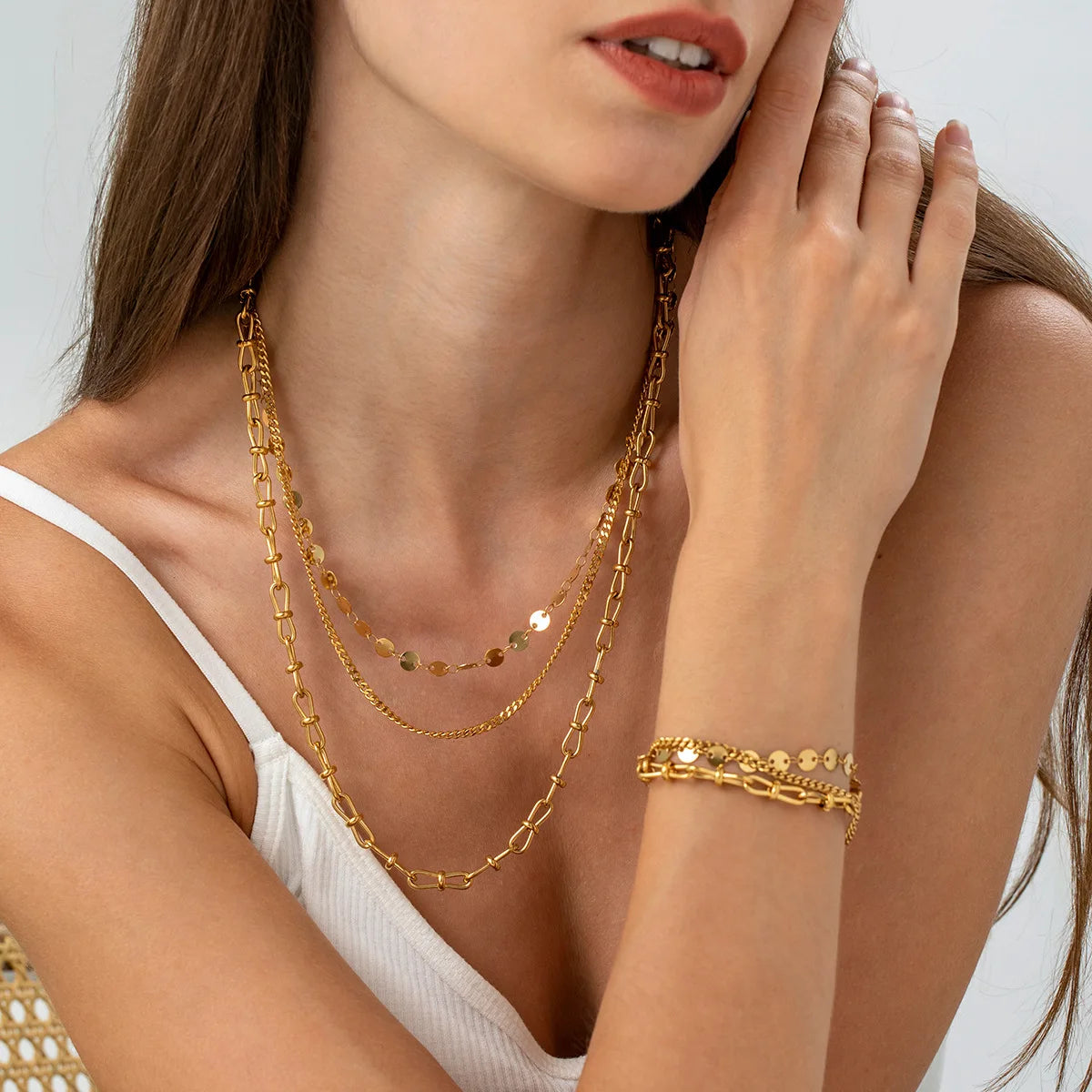 European Style 18K Gold Plated Stainless Steel Jewelry Set Stackable Necklace Bracelet Combo with Link Chain