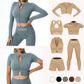 Women 6 Piece Ribbed Zipper Natural Color Activewear Suit Jogger Seamless Sportswear Fitness Workout Gym Clothing Yoga Set