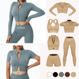 Women 6 Piece Ribbed Zipper Natural Color Activewear Suit Jogger Seamless Sportswear Fitness Workout Gym Clothing Yoga Set