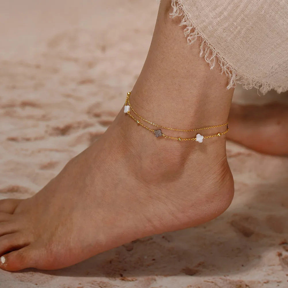 RINNTIN GMA02 Hot Sale Fashion Jewelry 925 Sterling Silver Black White Shells Pearl Double-Layer Four Leaf Clover Anklet
