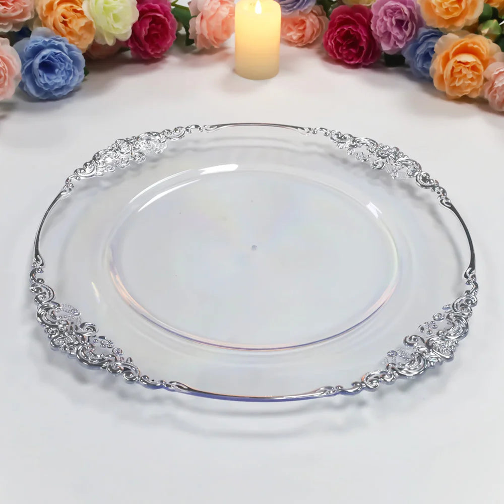 New Style Wholesale Restaurant 13 Inch Clear Plastic Charger Plate With Silver Rim for Event Decoration