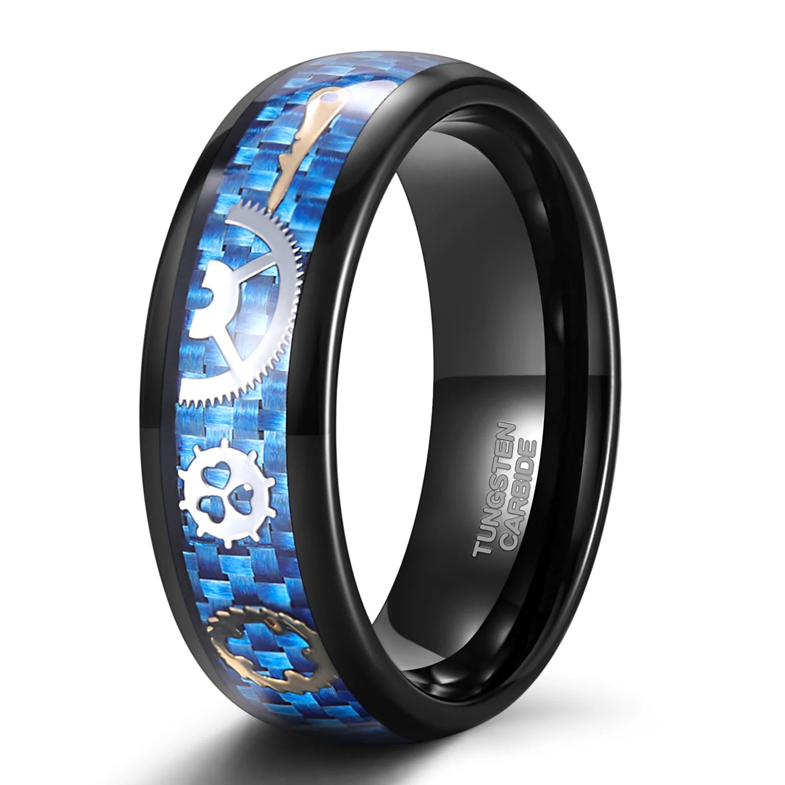 OAHLAN 8mm Black Blue Tungsten Carbide Ring Men Women Wedding Bands Blue Carbon Fiber Steampunk Gear Inlay Ring Wedding Bands