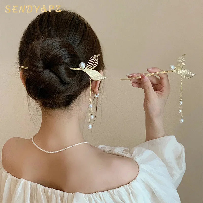 Chinese Style New Trend Metal Rhinestone Pearl Hair Clip Sticks Temperament Luxury Tassel Chain Fashion Accessories Girls