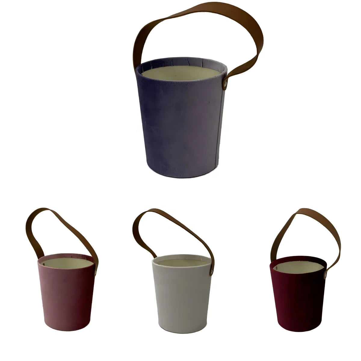 High Quality Velvet Single Small Round Box Recycled Materials Flower Gift Box with Leather Handle Customizable Stock