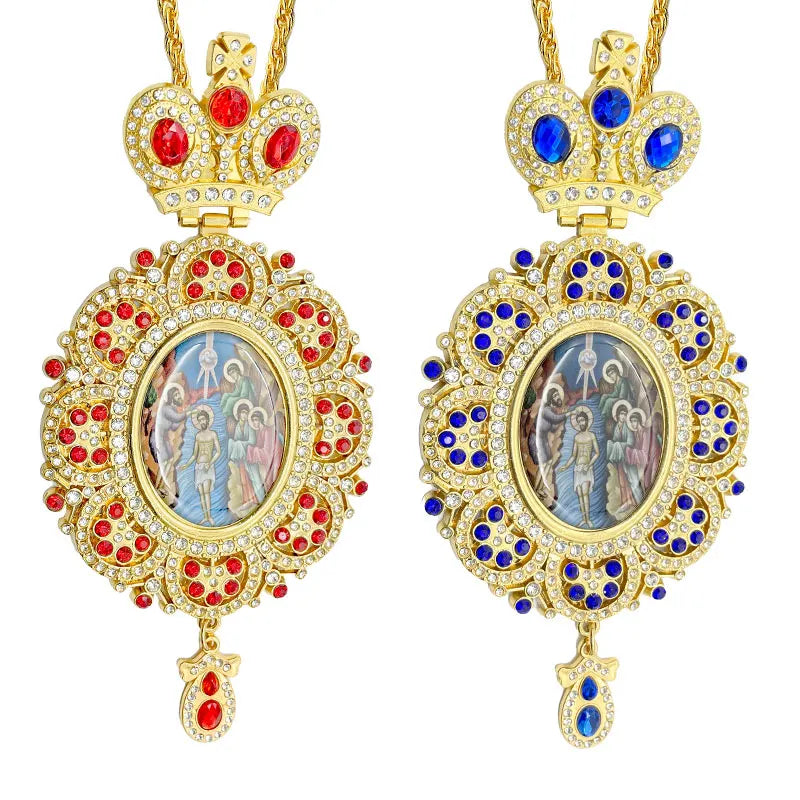 HT Greek Orthodox Big Gold Alloy Pectoral Cross Necklace with Jesus Crucifix and Customize Diamond Colors