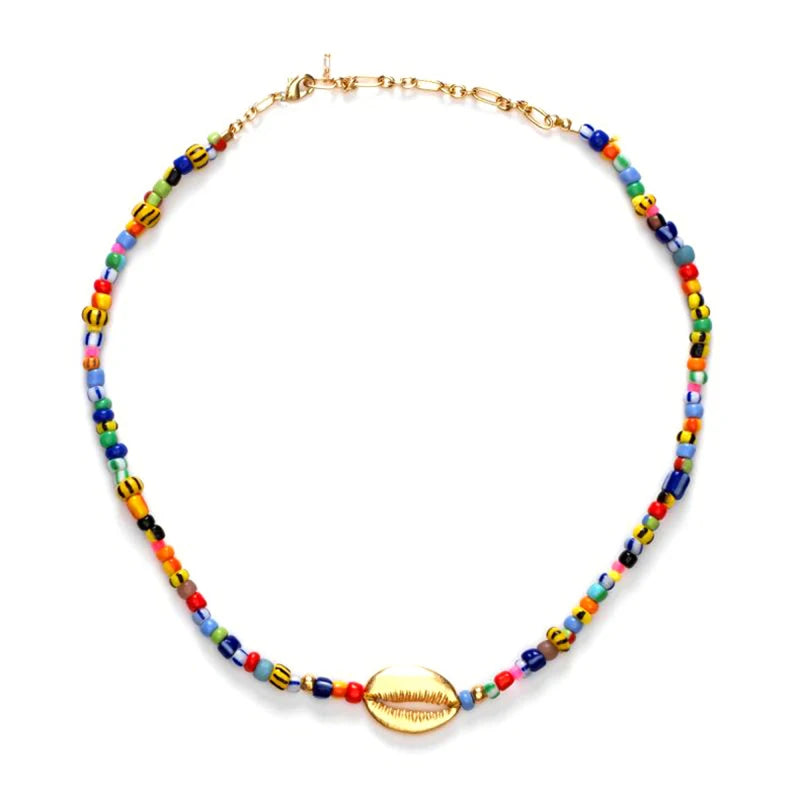 Women's Simple Bohemian Floral Seed Bead Necklace Handmade Gold Plated Diamonds for Party Religious Events Fashion Beaded Gift