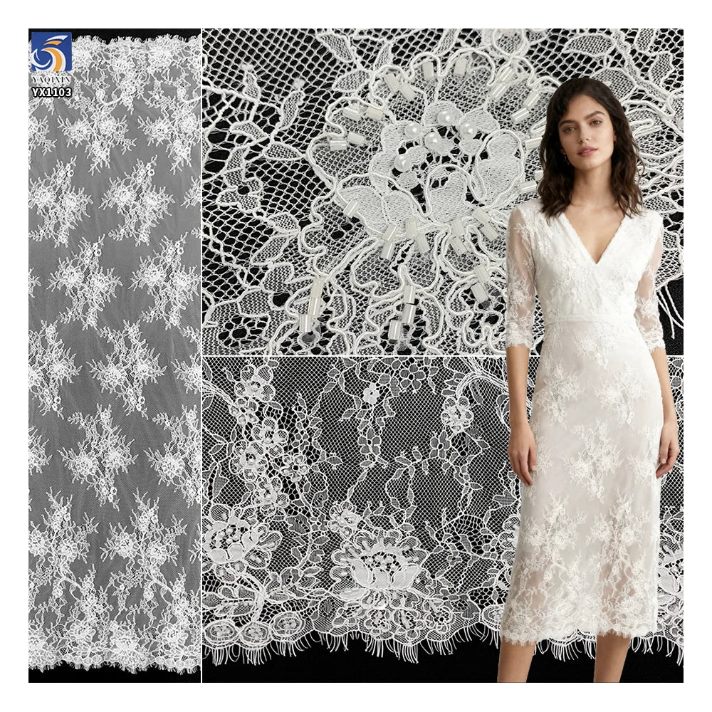 YX1103 Hot Selling American Italian Lace Fabric 2026 Online Sales Heavy Wedding Eyelash Lace Fabric With 3D Pearls Beads