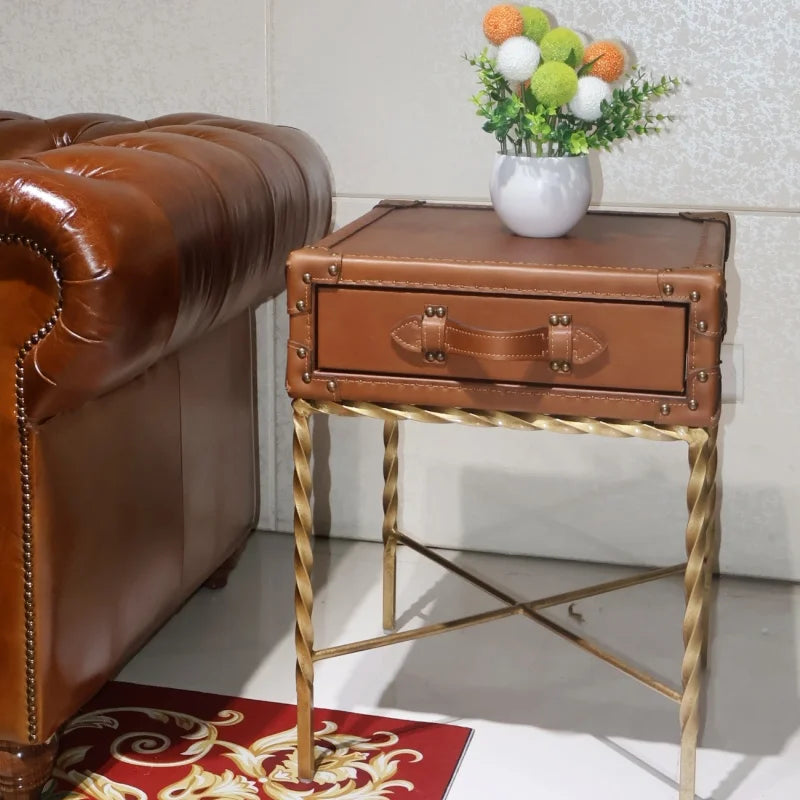 ODM American Vintage Brown Leather Extendable Industrial Coffee Table Storage Bedroom Living Room Trunk Cabinet Metal Iron Stand