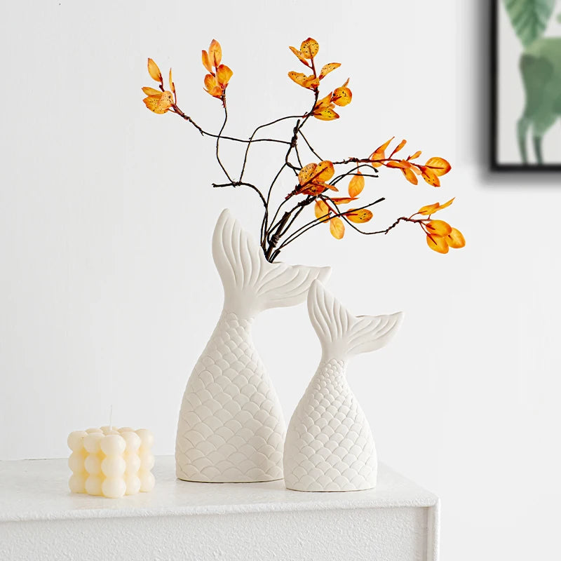 Matte Frosted Mermaids Ceramic Vase Set 2-Piece Home Decor Artificial Dried Flower Arrangement for Wedding Available Black White