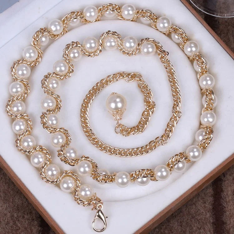 Alloy Waist Chain with Pearl Pendant Fashion Beaded Dress Decoration Belt for Ladies