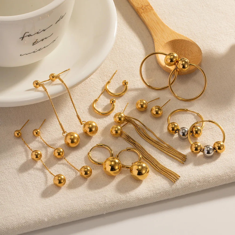 Wholesale Tassel Earrings Minimalist Geometric Ball Texture Silver Gold Plated Stainless Steel Earrings Jewelry for Women