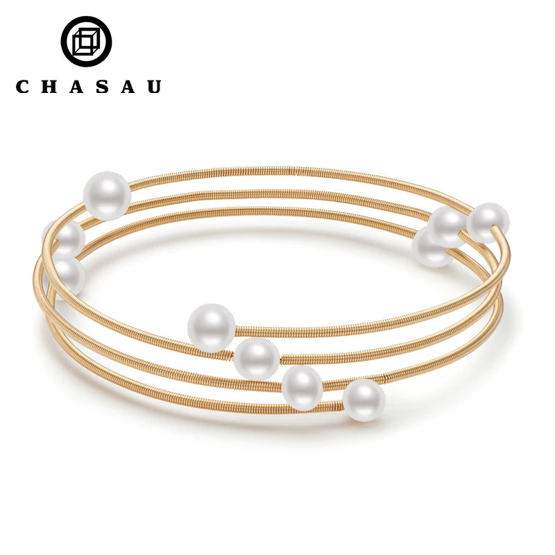 Hot Sell Trendy 14k Gold Filled 5mm to 7mm Freshwater Pearl Double Bangles Bracelet for Women