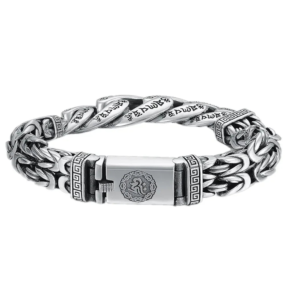 BOCAI New Solid S925 Pure Silver Personalized Peace Pattern Man Bracelet Six-Character Mantra Wide Version Fine Chain Link
