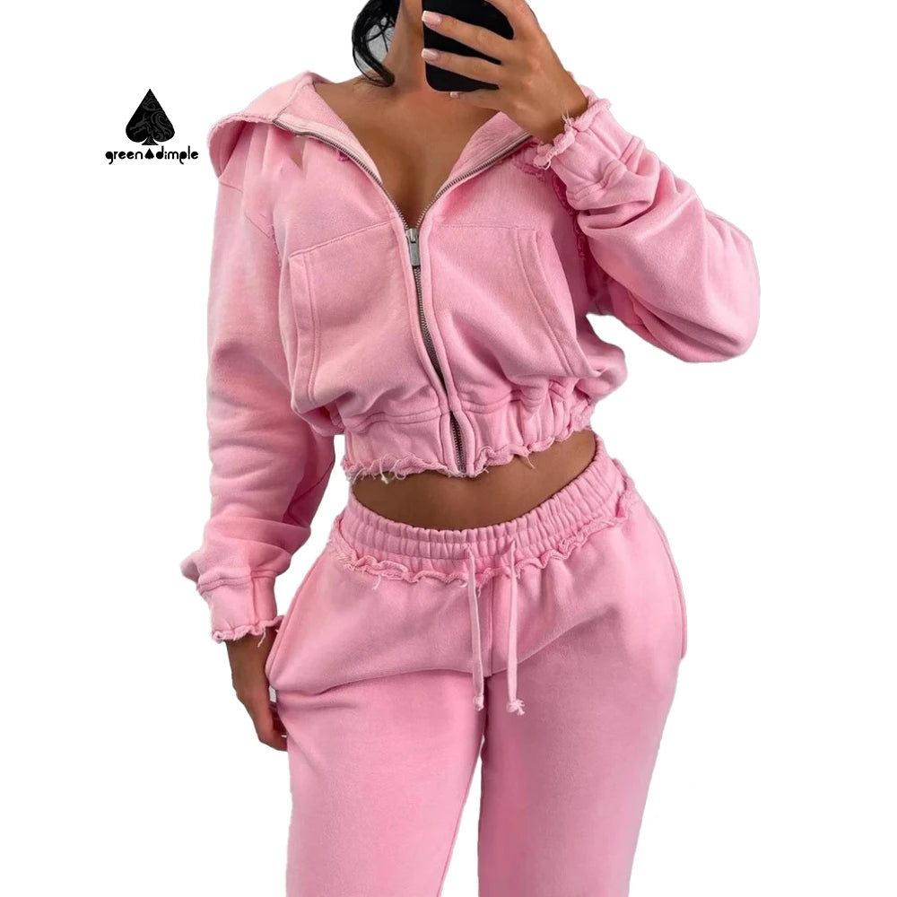 OEM Custom Logo Solid Distressed Patch Embroidery Zip Hoodie Tracksuits Sweatpants WomanTrack Suit Jogger Set