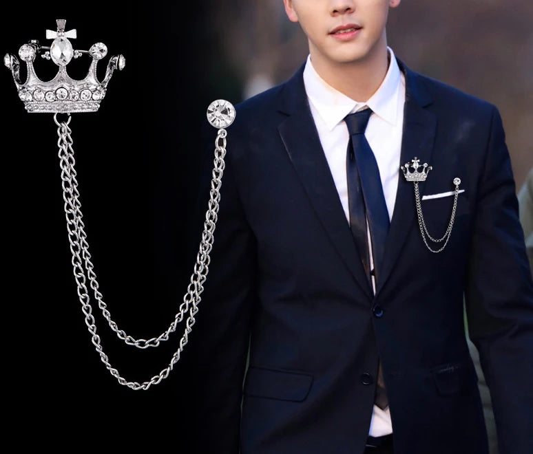 Men's Crown Brooch Lapel Pin Badge Hanging Chains Collar Brooches Pin for Career Suit Tuxedo of Shirts Tie Hat Scarf for Men