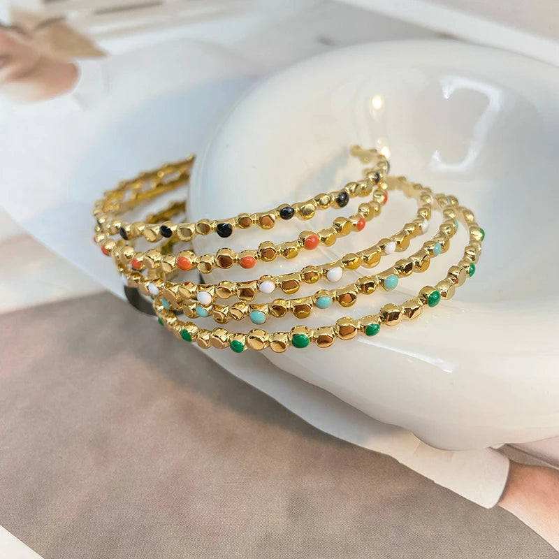 14k Gold Plated Trendy Women's Cuff Bracelet Colorful Enamel Beaded Bangle Plain Stainless Steel Beaded Cuff Bracelet for Women
