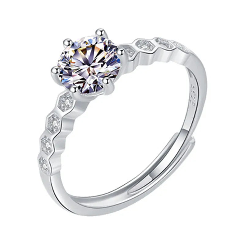 S925 Moissanite Ring Classic Six Prong Adjustable Ring Fashion Electroplating Silver Ladies Ring Copper Resizeable