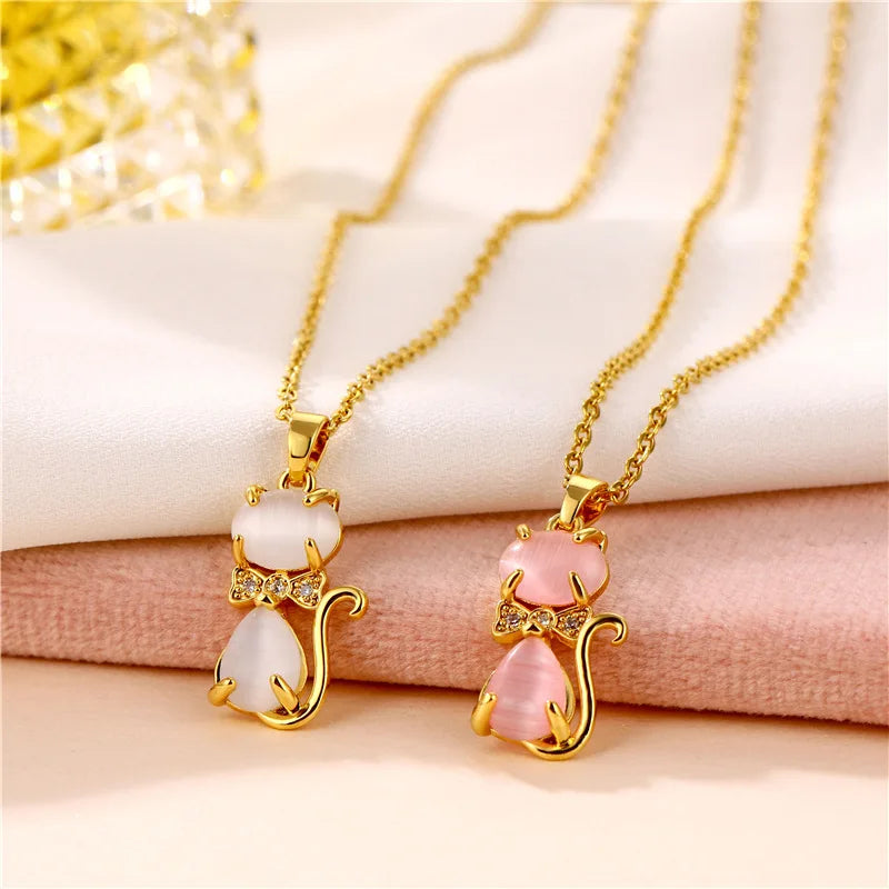 New Opal Cute Kitten Micro-Inlaid Zircon Necklace Titanium Steel Clavicle Chain Gold Plated Stainless Steel Jewelry for Gift