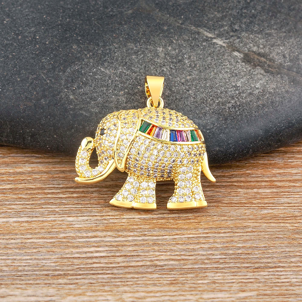 QIKU Thailand Lucky Elephant Gold Color Pendant Women Necklace Copper Zircon Jewelry Charm Choker Birthday Party Gift Wholesale
