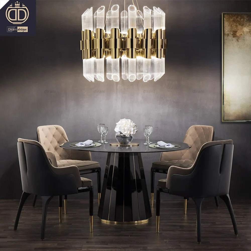 Black Glass Contemporary Luxury Dinner Table Set with Stainless Steel Frame for Apartment & Villa Dining Rooms 4-8 Chairs