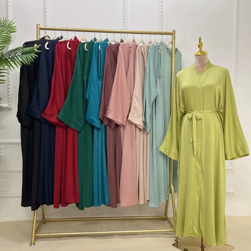 Loriya Islamic Clothing Store Hot Selling Solid Colors Satin Open Abaya With Side Pockets Muslim Women Modest Kimono Abaya