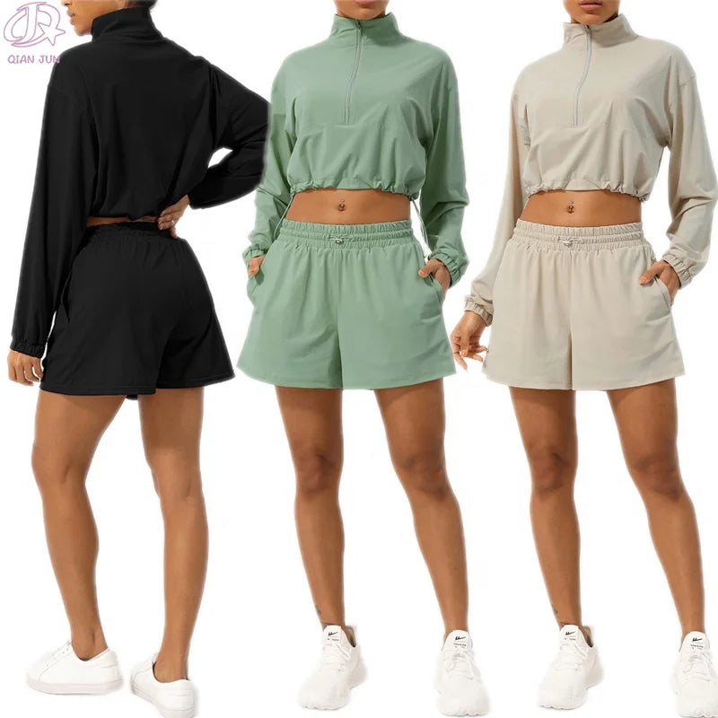 2025 New Fashion Women's Gym Fitness Zipper Jacket Shorts Quick-Drying Two-Piece Set Elastic Waist Custom XL Summer Workouts