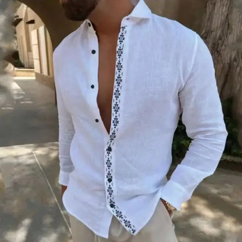 RNSHANGER Men Long Sleeve Cotton Linen Shirt Fashion Print Button Turn-down Collar Mens Casual Office Streetwear Shirts