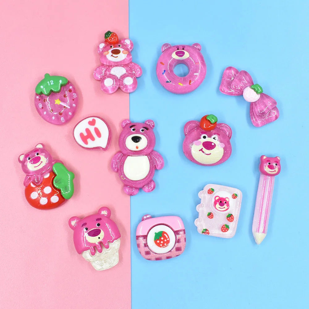 Cartoon Strawberry Bear Resin Miniature Flatback Cartoon Charms Cabochons Accessories for Slime Filler Crafts Phone Case Making