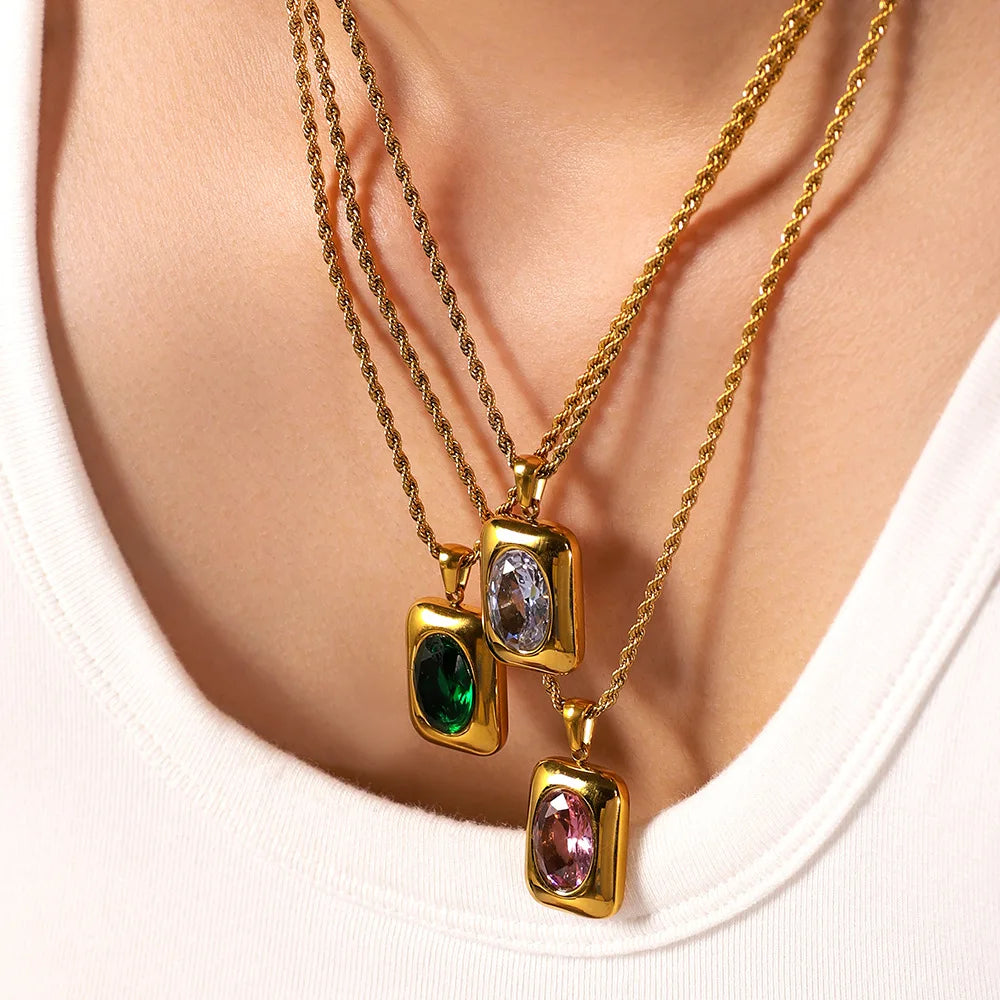 Daily Ware 18K Gold Planted Stainless Steel Twist Link Square Cubic Zircon Pendant Necklace for Girls