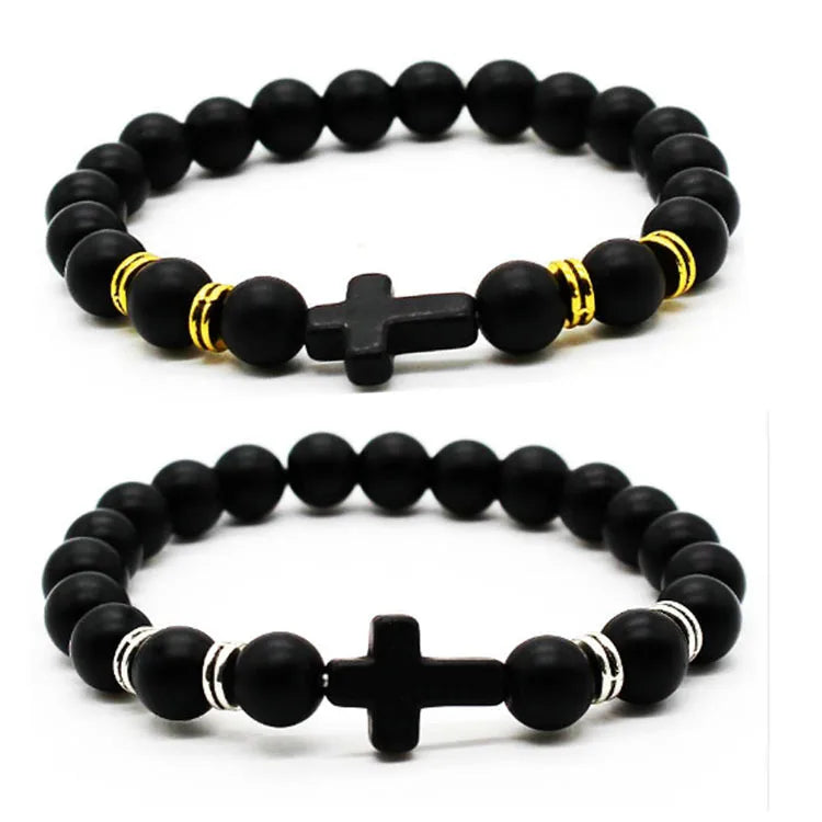 2025 Hot Selling Cross Volcanic Stone Hand Beaded Bracelet 8Mm Men's Frosted Jewelry