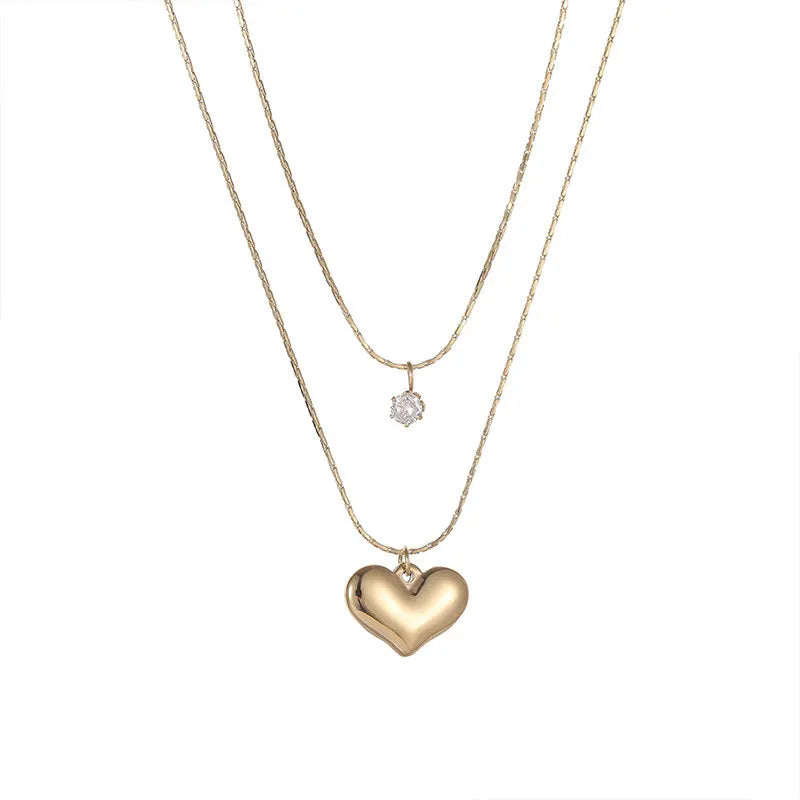 14K Gold Plated Double Layer Chain Necklaces Stainless Steel CZ Zircon Heart Pendant Necklaces Women Wholesale