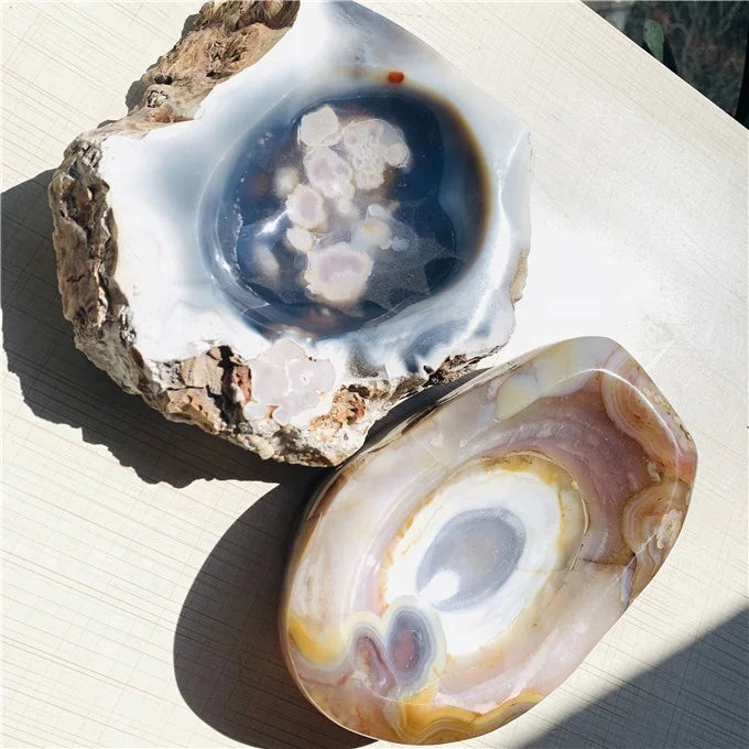 Wholesale Natural Polish Flower Agate Quartz Crystal Bowl Ashtray for Decoration