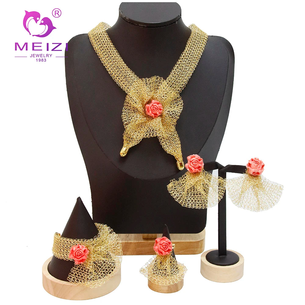 MEIZI 24K Gold Jewelry Set Middle Eastern Women's Bride Four-Piece Set Necklace Earrings Bracelet and Ring Set
