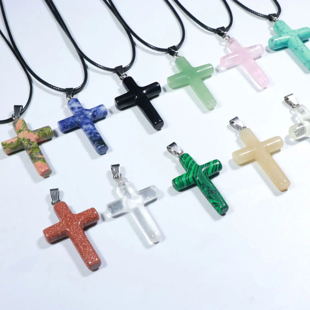 2022 New Arrival Natural Stone Pendant Necklace Natural Crystal Healing Gemstone Quartz Turquoise Cross Pendant Necklace