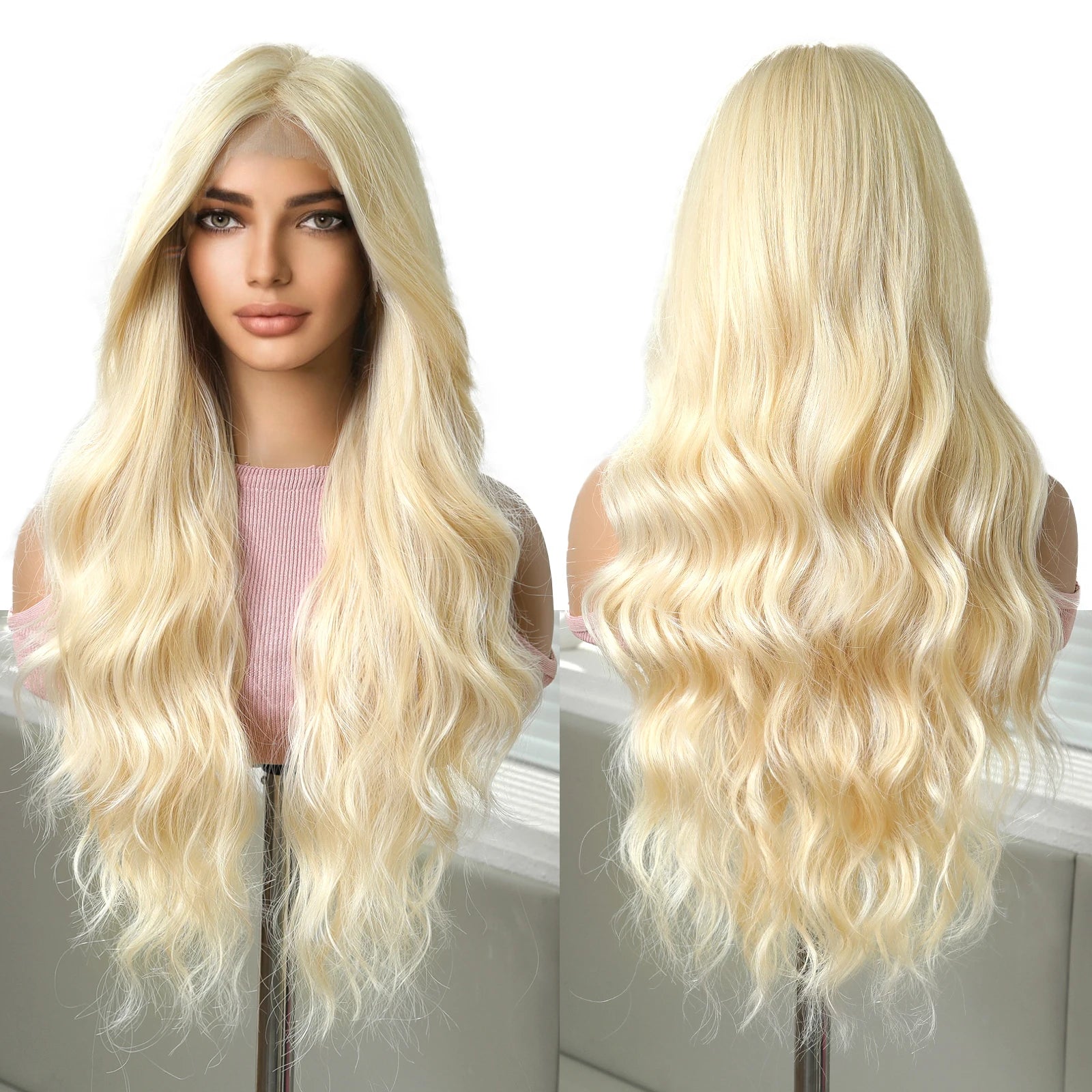 Japanese Fiber 13*6 Lace Synthetic Long Wig Golden Yellow Front Lace Wig Wave Hair Soft Smooth No Smell Real Photo
