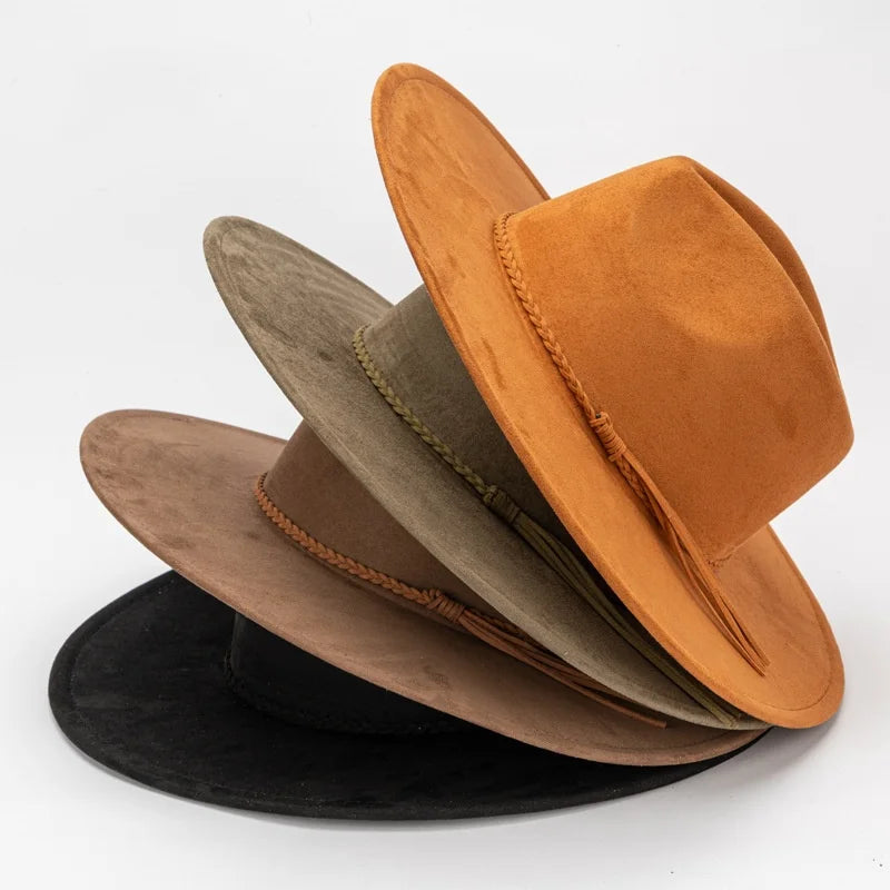 Classic Big Brim Suede Fedora Hat with Tassels Band