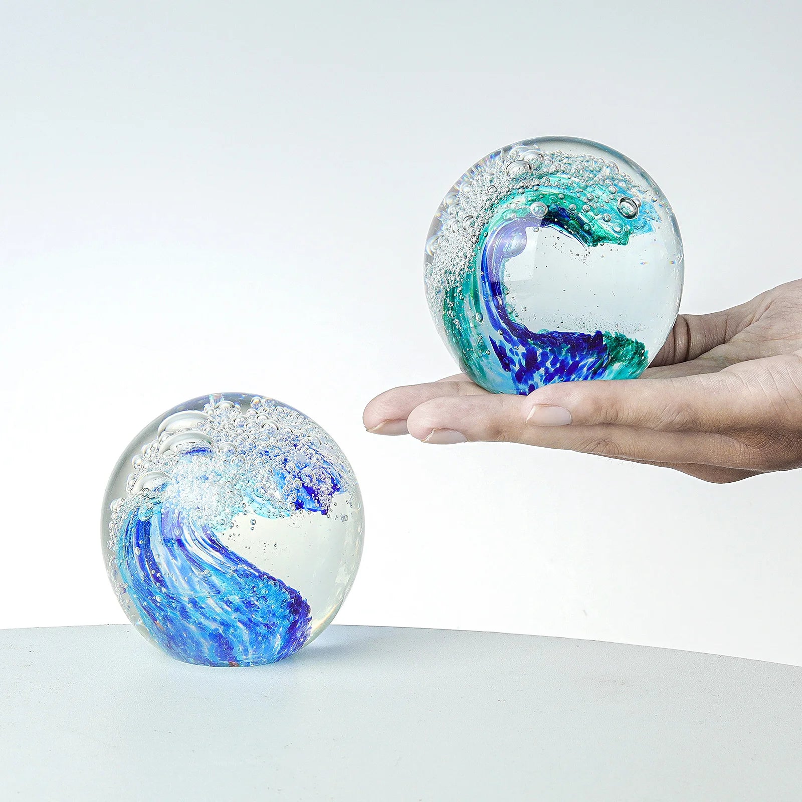 Hand Blown Glass Art Bubble Waves  Ocean-themed Glass Crystal  Ball Sphere Paperweight Home Decorative Collectibles